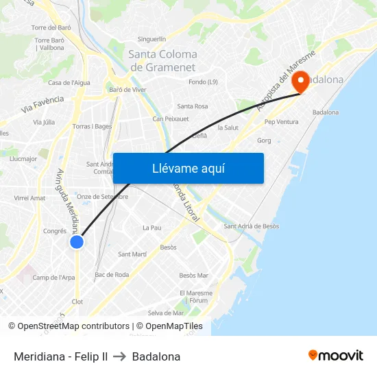 Meridiana - Felip Il to Badalona map