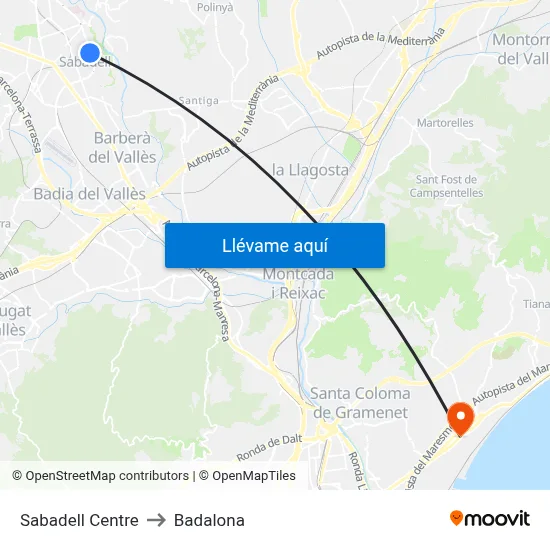 Sabadell Centre to Badalona map
