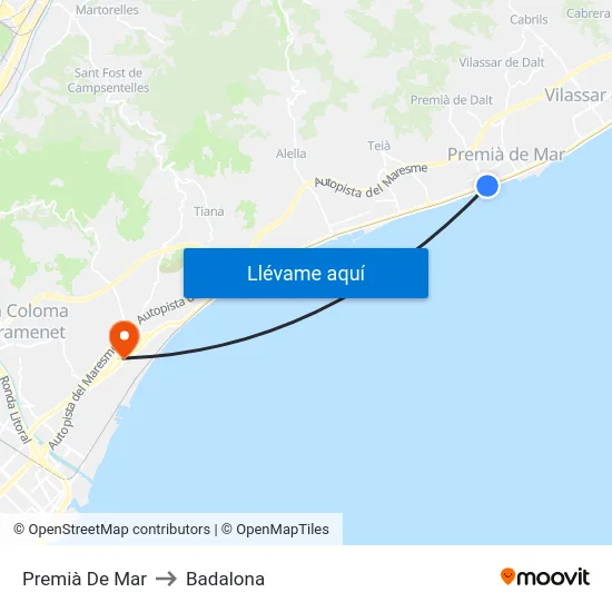Premià De Mar to Badalona map
