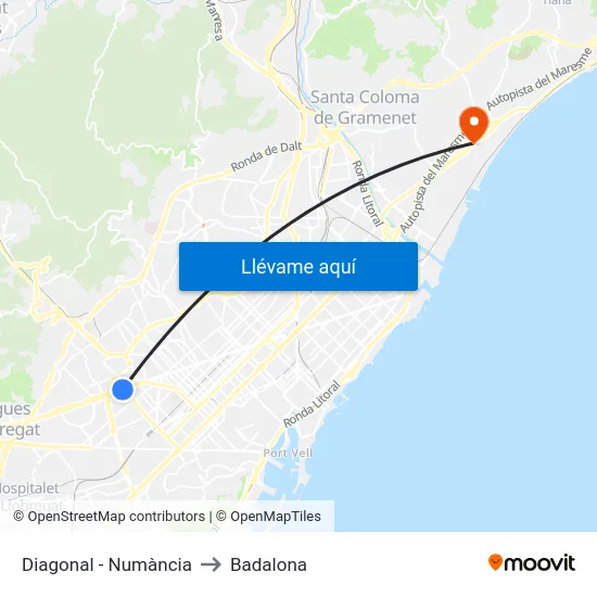 Diagonal - Numància to Badalona map