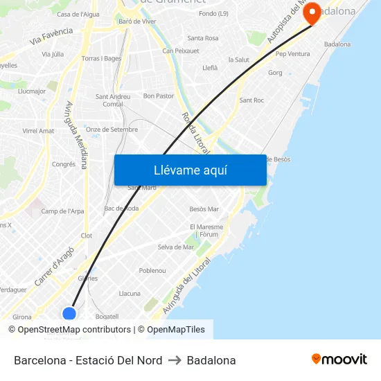 Barcelona - Estació Del Nord to Badalona map