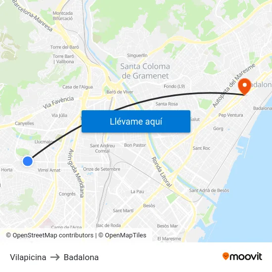 Vilapicina to Badalona map