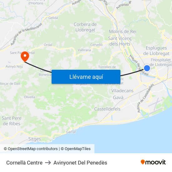 Cornellà Centre to Avinyonet Del Penedès map