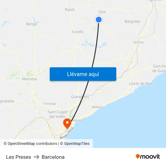 Les Preses to Barcelona map