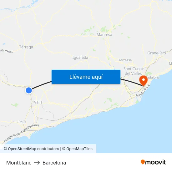 Montblanc to Barcelona map