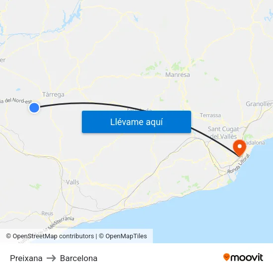 Preixana to Barcelona map