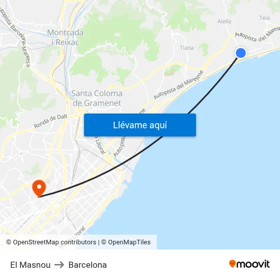 El Masnou to Barcelona map