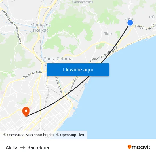 Alella to Barcelona map