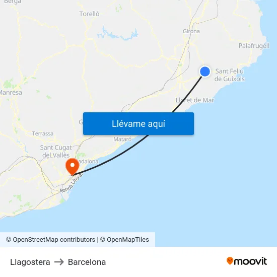 Llagostera to Barcelona map