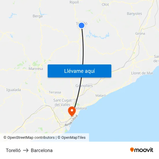 Torelló to Barcelona map