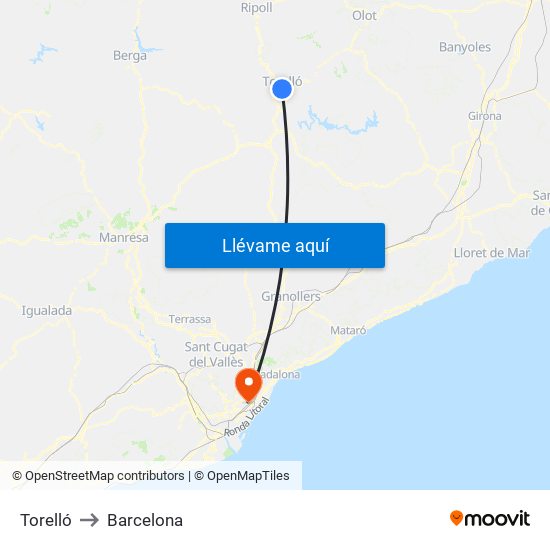 Torelló to Barcelona map