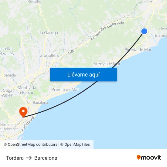 Tordera to Barcelona map
