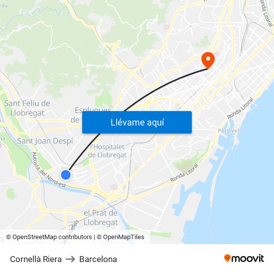 Cornellà Riera to Barcelona map