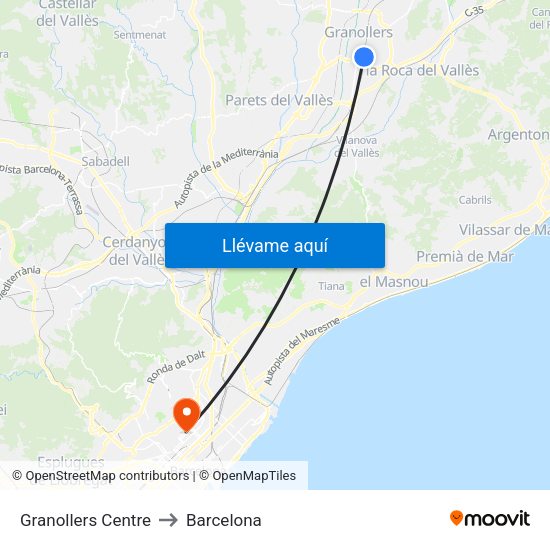 Granollers Centre to Barcelona map