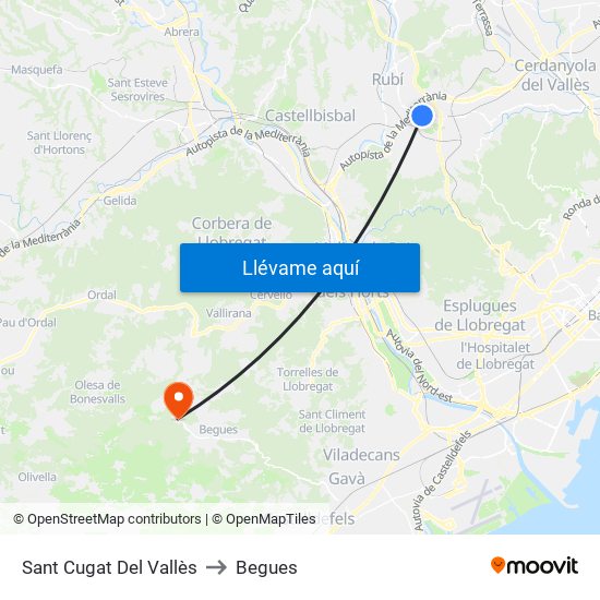 Sant Cugat Del Vallès to Begues map
