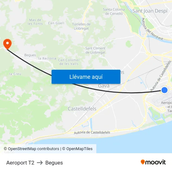 Aeroport T2 to Begues map