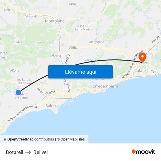 Botarell to Bellvei map