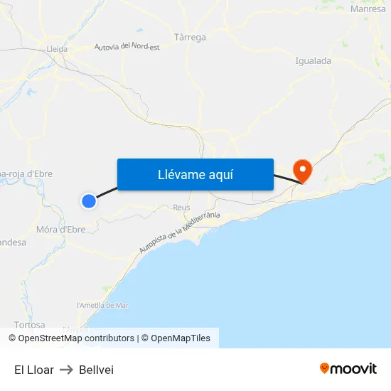 El Lloar to Bellvei map