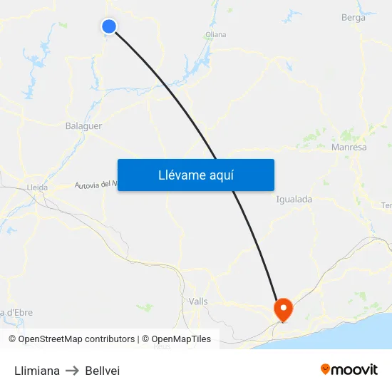 Llimiana to Bellvei map