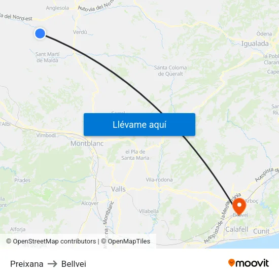 Preixana to Bellvei map