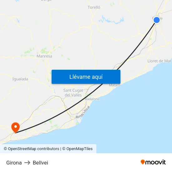Girona to Bellvei map