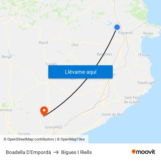 Boadella D'Empordà to Bigues I Riells map