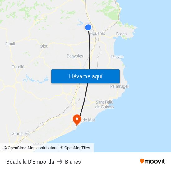 Boadella D'Empordà to Blanes map