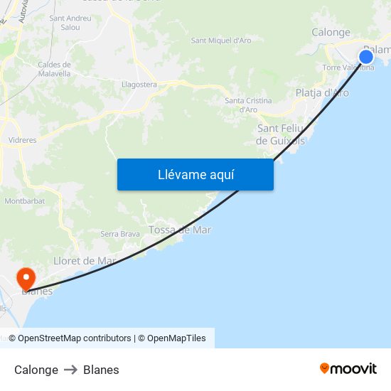 Calonge to Blanes map