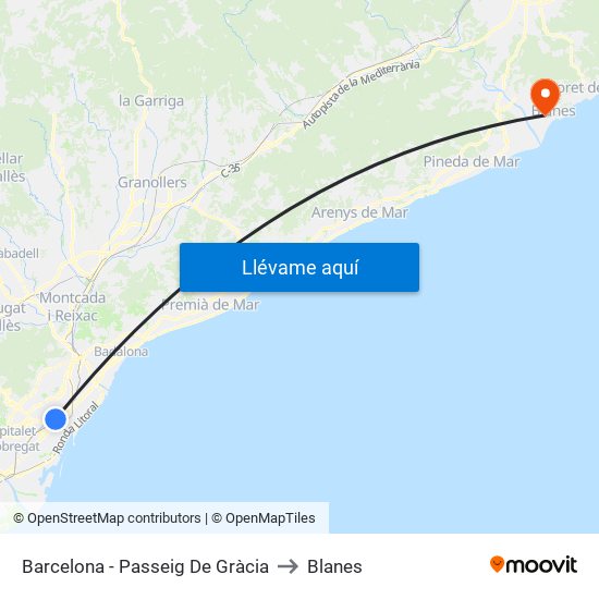 Barcelona - Passeig De Gràcia to Blanes map
