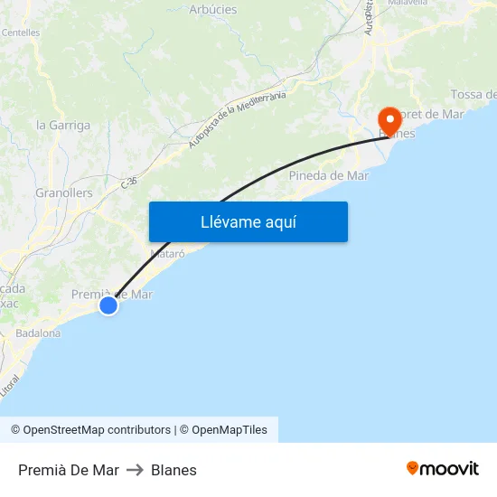 Premià De Mar to Blanes map