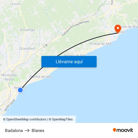 Badalona to Blanes map