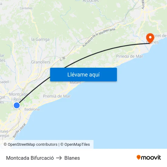 Montcada Bifurcació to Blanes map