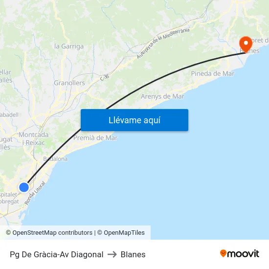 Pg De Gràcia-Av Diagonal to Blanes map