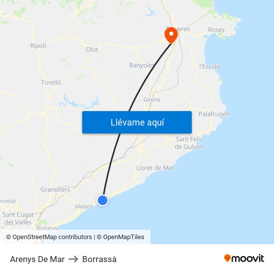 Arenys De Mar to Borrassà map