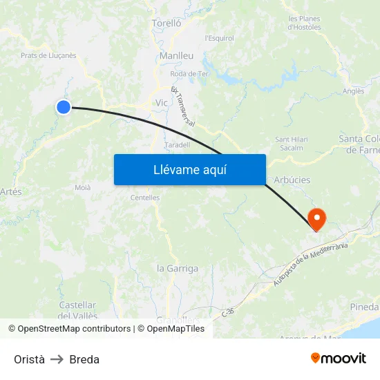 Oristà to Breda map