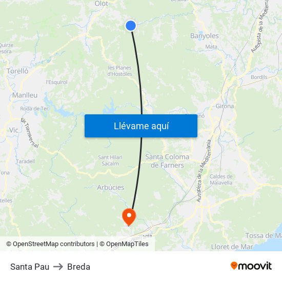 Santa Pau to Breda map