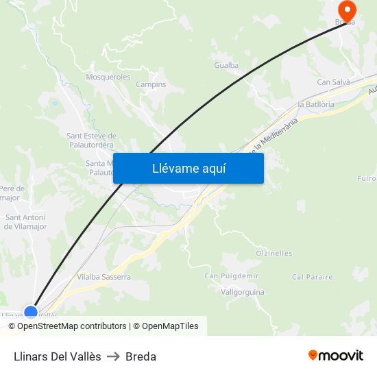 Llinars Del Vallès to Breda map