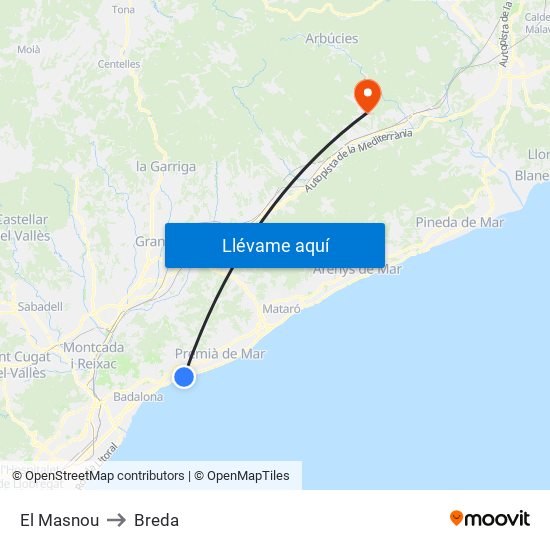 El Masnou to Breda map