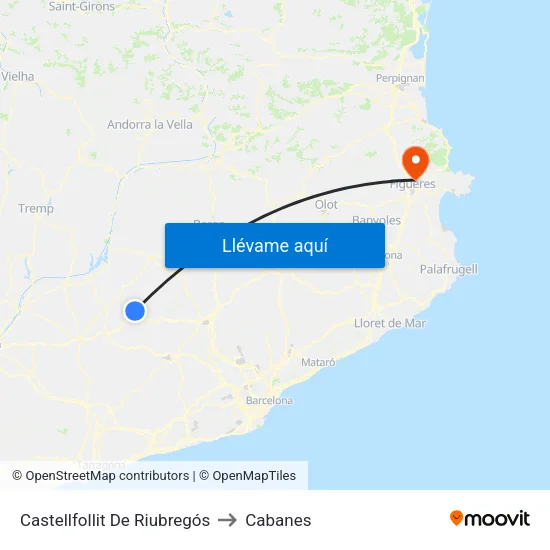 Castellfollit De Riubregós to Cabanes map