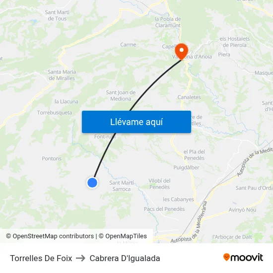 Torrelles De Foix to Cabrera D'Igualada map