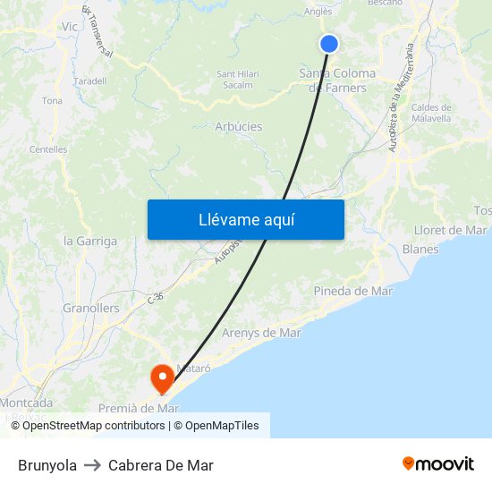 Brunyola to Cabrera De Mar map