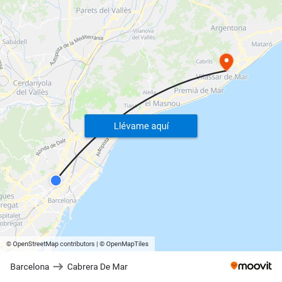 Barcelona to Cabrera De Mar map