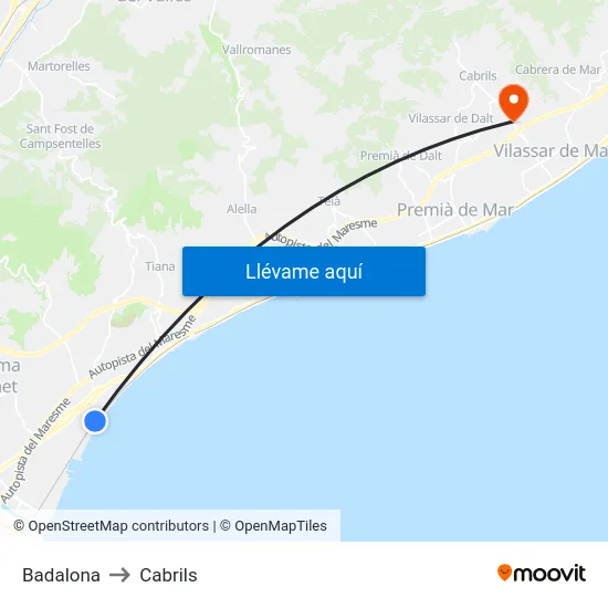 Badalona to Cabrils map