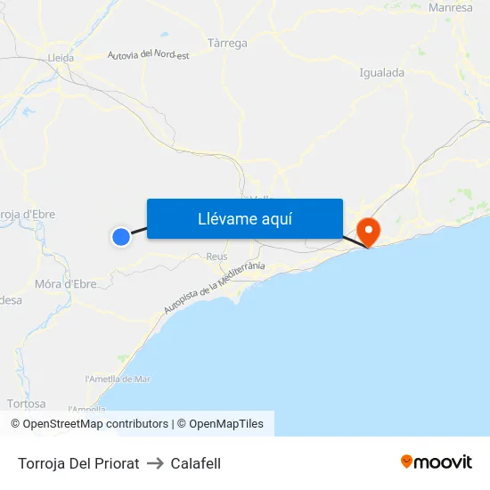 Torroja Del Priorat to Calafell map