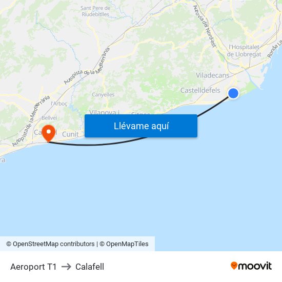 Aeroport T1 to Calafell map