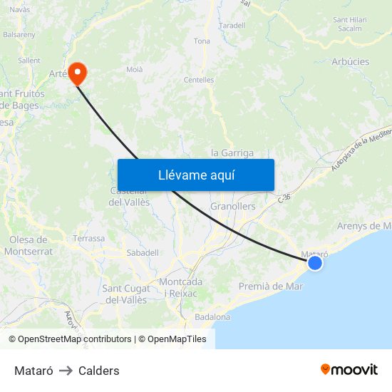 Mataró to Calders map