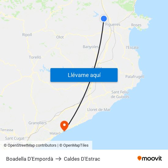 Boadella D'Empordà to Caldes D'Estrac map