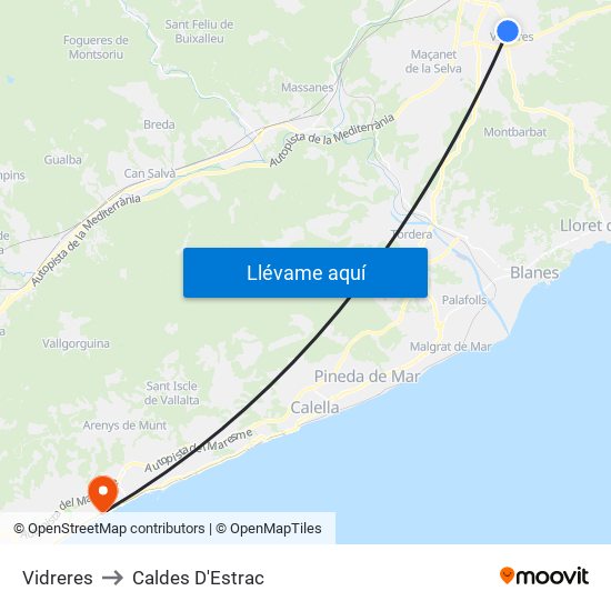 Vidreres to Caldes D'Estrac map