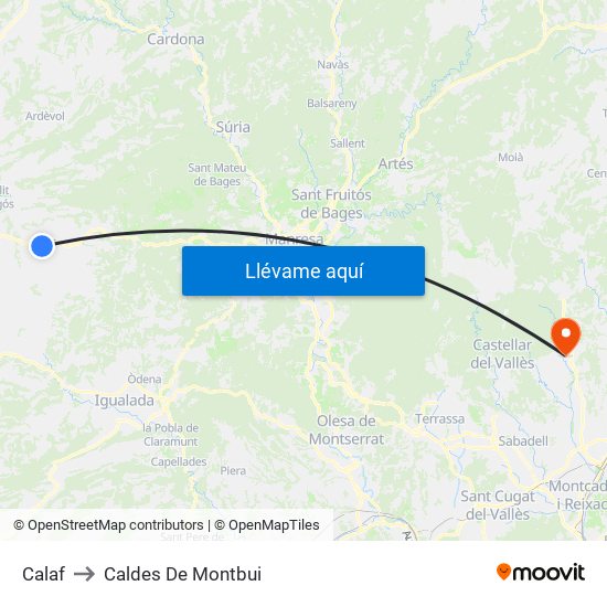 Calaf to Caldes De Montbui map