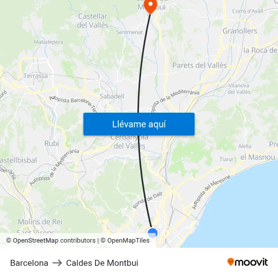 Barcelona to Caldes De Montbui map